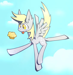 Size: 950x975 | Tagged: safe, artist:kathyatipton, derpy hooves, pegasus, pony, :p, female, flying, mare, muffin, smiling, solo, tongue out