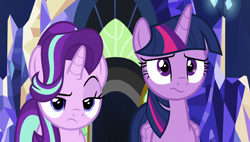 Size: 1920x1090 | Tagged: safe, screencap, starlight glimmer, twilight sparkle, twilight sparkle (alicorn), alicorn, pony, unicorn, shadow play, duo, duo female, female, raised eyebrow, starlight is not amused, unamused