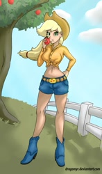 Size: 706x1200 | Tagged: safe, artist:dragomyr, applejack, apple, applerack, belly button, breasts, clothes, daisy dukes, eating, female, fence, front knot midriff, humanized, midriff, obligatory apple, solo