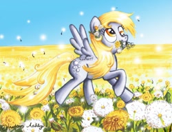 Size: 800x615 | Tagged: safe, artist:for-he-who-is-grand, derpy hooves, pegasus, pony, dandelion, female, field, flower, flower in mouth, grin, mare, mouth hold, signature, smiling, solo