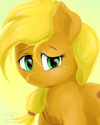 Size: 1000x1250 | Tagged: safe, artist:ruby, applejack, earth pony, pony, blonde mane, female, mare, orange coat, sad, solo