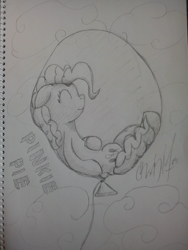 Size: 1024x1365 | Tagged: safe, artist:crash96hun, pinkie pie, earth pony, pony, balloon, eyes closed, female, mare, monochrome, pinkie pie trapped in a balloon, solo, traditional art