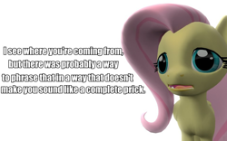 Size: 960x600 | Tagged: safe, artist:pinkie diane roosevelt phd, fluttershy, pegasus, pony, 3d, gmod, image macro, reaction image, solo, vulgar