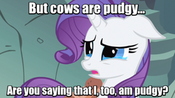 Size: 640x360 | Tagged: safe, screencap, rarity, cow, pony, unicorn, a dog and pony show, crying, dairity, floppy ears, image macro, meta, quote, raricow, solo, teary eyes