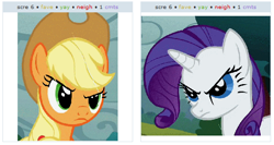 Size: 530x281 | Tagged: safe, applejack, rarity, earth pony, pony, unicorn, exploitable meme, juxtaposition, juxtaposition win