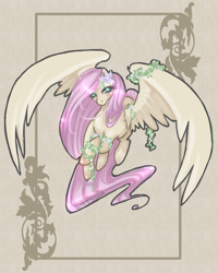 Size: 1600x2000 | Tagged: safe, artist:blueteardrop, fluttershy, pegasus, pony, floral head wreath, flying, solo