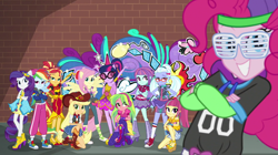 Size: 1280x718 | Tagged: safe, derpibooru import, screencap, applejack, fluttershy, lemon zest, pinkie pie, rainbow dash, rarity, sour sweet, sugarcoat, sunny flare, sunset shimmer, twilight sparkle, dance magic, equestria girls, spoiler:eqg specials, converse, crystal prep shadowbolts, crystal rainbooms, humane five, humane seven, humane six, mc pinkie, shoes, shutter shades