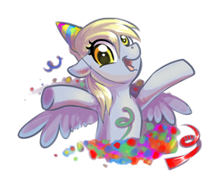 Size: 500x404 | Tagged: safe, artist:homa-nix, derpy hooves, pegasus, pony, birthday, confetti, female, hat, mare, party hat, solo