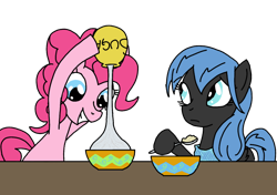 Size: 1024x719 | Tagged: safe, artist:wryte, pinkie pie, oc, pegasus, pony, breakfast, clothes, dusky down, oatmeal, scarf, sugar (food)