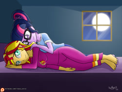 Size: 1280x960 | Tagged: safe, artist:thealjavis, sci-twi, sunset shimmer, twilight sparkle, equestria girls, barefoot, bed, clothes, colored pupils, feet, female, glasses, lesbian, pajamas, scitwishimmer, shipping, smiling, sunsetsparkle