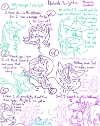 Size: 1280x1611 | Tagged: safe, artist:adorkabletwilightandfriends, lyra heartstrings, spike, starlight glimmer, twilight sparkle, twilight sparkle (alicorn), alicorn, dragon, pony, unicorn, comic:adorkable twilight and friends, adorkable twilight, chest fluff, comic, dialogue, eyes closed, flushing, grin, implied sparlight, lidded eyes, lineart, looking at each other, petting, shit eating grin, slice of life, smiling, toilet paper, tongue out