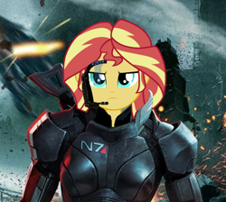 Size: 546x490 | Tagged: safe, edit, sunset shimmer, equestria girls, armor, commander shepard, crossover, mass effect, n7, n7 armor, solo