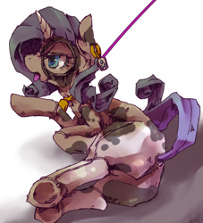 Size: 800x883 | Tagged: safe, artist:kolshica, rarity, cow, cow pony, pony, unicorn, animal costume, bell, bell collar, clothes, collar, costume, cowbell, cutie mark ear tags, ear tag, leash, raricow, solo