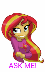 Size: 800x1280 | Tagged: safe, artist:theroyalprincesses, sunset shimmer, equestria girls, ask me, bedroom eyes, clothes, exclamation point, grin, lidded eyes, looking at you, pajamas, simple background, smiling, solo, white background