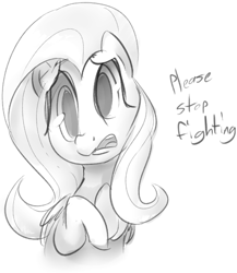 Size: 439x505 | Tagged: safe, artist:dotkwa, fluttershy, pegasus, pony, dialogue, drama, grayscale, monochrome, solo