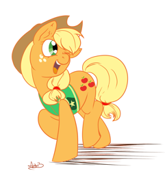 Size: 1659x1724 | Tagged: safe, artist:arnachy, applejack, earth pony, pony, winter wrap up, clothes, cowboy hat, female, hat, looking back, mare, plant team, simple background, solo, vest, white background, wink, winter wrap up vest