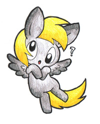 Size: 300x373 | Tagged: safe, artist:daieny, derpy hooves, pegasus, pony, :o, chibi, cute, female, flying, mare, question mark, solo, spread wings