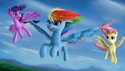 Size: 1920x1080 | Tagged: safe, artist:robsa990, derpibooru import, fluttershy, rainbow dash, twilight sparkle, twilight sparkle (alicorn), alicorn, pegasus, pony, female, flying, mare, sky, smiling, spread wings, trio, windswept mane, wings