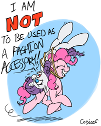 Size: 937x1160 | Tagged: safe, artist:conicer, pinkie pie, rarity, pony, unicorn, angry, dialogue, eyes closed, fashion, female, frown, glare, grin, kidnapped, mare, open mouth, pony hat, smiling, trotting, unamused, unsexy bondage, wardrobe misuse, yelling