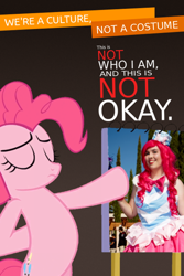 Size: 600x899 | Tagged: safe, pinkie pie, earth pony, human, pony, bipedal, clothes, cosplay, drama, dress, female, gala dress, halloween, irl, irl human, mare, meme, photo, text, we're a culture not a costume, woosh