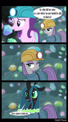 Size: 1288x2282 | Tagged: safe, edit, edited screencap, editor:teren rogriss, screencap, maud pie, queen chrysalis, starlight glimmer, changeling, changeling queen, earth pony, unicorn, rock solid friendship, aurekbesh script, cave, changeling magic, disguise, disguised changeling, female, gem cave, hard hat, helmet, mining helmet, shapeshifting, this will end in death, this will end in tears, this will end in tears and/or death, transformation