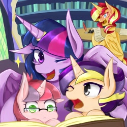 Size: 1080x1080 | Tagged: safe, artist:aka-ryuga, sunset shimmer, twilight sparkle, twilight sparkle (alicorn), oc, alicorn, pony, alicornified, book, feather, glasses, horn ring, ink, magical lesbian spawn, next generation, offspring, one eye closed, open mouth, paper, parent:sunset shimmer, parent:twilight sparkle, parents:sunsetsparkle, pen, race swap, reading, scenery, shimmercorn, shipping, sunsetsparkle, twilight's castle, wink