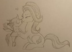 Size: 2627x1903 | Tagged: safe, artist:zigragirl, starlight glimmer, changeling, nymph, unicorn, baby, eyes closed, female, floppy ears, heart, holding, mare, monochrome, nuzzling, pencil drawing, scrunchy face, simple background, sitting, traditional art