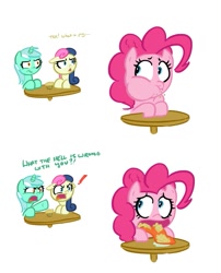 Size: 843x1044 | Tagged: safe, artist:shoutingisfun, bon bon, lyra heartstrings, pinkie pie, sweetie drops, earth pony, pony, abuse, bon bon is not amused, comic, double standard, eating, food, messy eating, muffin, pinkiebuse, regurgitation, socially awkward pony, table