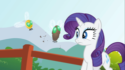 Size: 1366x768 | Tagged: safe, screencap, rarity, parasprite, pony, unicorn, swarm of the century, fence