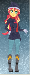 Size: 1408x3456 | Tagged: safe, artist:backgrounduser, sunset shimmer, equestria girls, beanie, clothes, gloves, hat, looking at you, scarf, smiling, snow, snowfall, solo, winter outfit