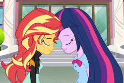 Size: 3000x2000 | Tagged: safe, artist:mlpshipper24, sunset shimmer, twilight sparkle, equestria girls, clothes, crying, eyes closed, female, jacket, leather jacket, lesbian, shipping, smiling, story in the source, sunsetsparkle, tears of joy