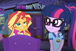 Size: 3000x2000 | Tagged: safe, artist:mlpshipper24, sci-twi, sunset shimmer, twilight sparkle, equestria girls, legend of everfree, bedroom eyes, clothes, female, glasses, lesbian, scitwishimmer, shipping, sunsetsparkle