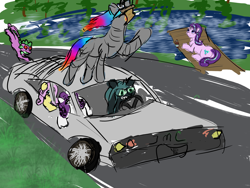 Size: 2000x1500 | Tagged: safe, artist:frostclaw, fluttershy, queen chrysalis, rarity, spike, starlight glimmer, changeling, changeling queen, dragon, pegasus, pony, robot, unicorn, atg 2020, back to the future, delorean, female, heart eyes, newbie artist training grounds, robot unicorn attack, väinämöinen, wingding eyes