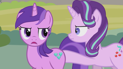 Size: 1366x768 | Tagged: safe, artist:forgalorga, amethyst star, sparkler, starlight glimmer, pony, unicorn, butt boop, butt touch, dat butt, duo, duo female, female, hoof on butt, meme, out of context, personal space invasion, serious, serious face, unamused, wtf face