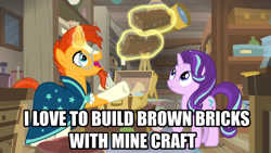 Size: 1920x1080 | Tagged: safe, edit, screencap, starlight glimmer, sunburst, pony, unicorn, uncommon bond, brown bricks, female, image macro, male, meme, mike matei, minecraft