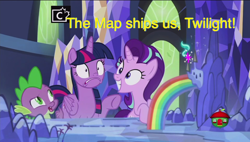 Size: 640x363 | Tagged: safe, artist:sanluris, edit, edited screencap, screencap, spike, starlight glimmer, twilight sparkle, twilight sparkle (alicorn), alicorn, dragon, pony, unicorn, a royal problem, cutie mark, female, lesbian, map, map of equestria, rainbow, shipper on deck, shipping, smiling, starlight shipper, treehouse logo, twistarlight