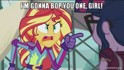 Size: 800x450 | Tagged: safe, edit, edited screencap, screencap, sci-twi, sunset shimmer, twilight sparkle, equestria girls, friendship games, angry, dexter's laboratory, exploitable meme, image macro, meme, sunset yells at twilight