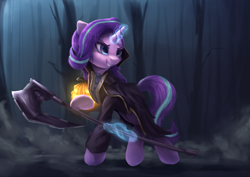 Size: 1200x850 | Tagged: safe, artist:vanillaghosties, starlight glimmer, pony, unicorn, clothes, crossover, evil grin, female, fog, forest, glowing horn, grin, halloween, headless hecarim, hecarim, holiday, jack-o-lantern, league of legends, magic, mare, night, outdoors, pumpkin, scythe, smiling, solo, standing, telekinesis, tree