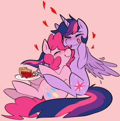 Size: 1036x1045 | Tagged: safe, artist:ghost, derpibooru import, pinkie pie, twilight sparkle, twilight sparkle (alicorn), alicorn, earth pony, pony, blushing, cute, diapinkes, eating, eyes closed, female, food, fork, happy, heart, lesbian, licking lips, mare, neck nuzzle, nuzzling, pie, pun, shipping, sitting, smiling, snuggling, tongue out, twiabetes, twinkie, twinkiebetes, wavy mouth