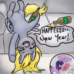 Size: 500x500 | Tagged: safe, artist:mcponyponypony, derpy hooves, twilight sparkle, pegasus, pony, apple cider, female, mare, new year, new years eve