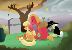 Size: 1000x696 | Tagged: safe, apple bloom, applejack, big macintosh, granny smith, earth pony, pony, crying, eyes closed, female, filly, floppy ears, frown, grave, grave meme, gravestone, hug, male, mare, nintendo, sitting, stallion, tree, trolling, wind