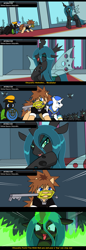 Size: 878x2558 | Tagged: safe, artist:droll3, queen chrysalis, changeling, changeling queen, earth pony, pegasus, pony, unicorn, boss fight, comic, crossover, digital art, donald duck, evil grin, female, fire, glowing horn, goofy, grin, hat, horn, keyblade, kingdom hearts, laughing, magic, ponified, smiling, sora, text, wings