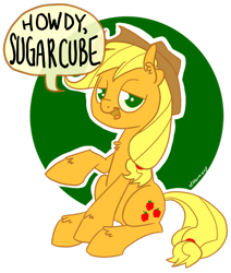 Size: 824x970 | Tagged: safe, artist:dharmony, applejack, earth pony, pony, chest fluff, sitting, solo, speech bubble, unshorn fetlocks