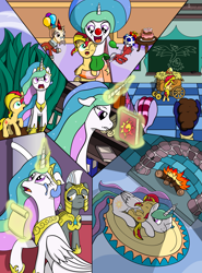 Size: 2593x3500 | Tagged: safe, artist:fimstargazer, kibitz, princess celestia, sunset shimmer, alicorn, pony, comic:memories, balloon, book, clown celestia, clown nose, comic, crying, dragon egg, egg, fireplace, magic, momlestia, party, present, royal guard, scroll, sleeping, snuggling, telekinesis