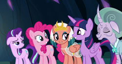 Size: 1649x863 | Tagged: safe, screencap, mistmane, pinkie pie, somnambula, starlight glimmer, twilight sparkle, twilight sparkle (alicorn), alicorn, earth pony, pony, shadow play, cropped