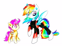 Size: 2822x2117 | Tagged: safe, artist:liaaqila, derpibooru import, rainbow dash, scootaloo, pegasus, pony, clothes, commission, dragon ball super, heart eyes, pride troopers, simple background, traditional art, white background, wingding eyes