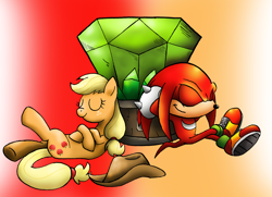 Size: 4094x2968 | Tagged: safe, artist:sonicknight007, applejack, earth pony, pony, absurd resolution, appleknux, crossover, crossover shipping, female, interspecies, knuckles the echidna, love, male, master emerald, shipping, sonic the hedgehog (series), straight