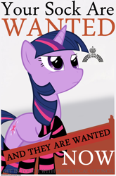 Size: 612x930 | Tagged: safe, artist:parttimebrony, derpibooru import, twilight sparkle, clothes, misspelling, poster, propaganda, socks, solo, striped socks