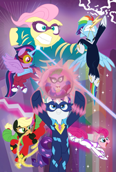 Size: 735x1095 | Tagged: safe, artist:nanook123, derpibooru import, applejack, fili-second, fluttershy, humdrum, masked matter-horn, mistress marevelous, pinkie pie, radiance, rainbow dash, rarity, saddle rager, spike, twilight sparkle, twilight sparkle (alicorn), zapp, alicorn, dragon, earth pony, pegasus, pony, unicorn, power ponies (episode), female, mare, power ponies