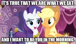 Size: 480x283 | Tagged: safe, edit, edited screencap, screencap, applejack, rarity, earth pony, pony, unicorn, magical mystery cure, caption, female, hub logo, image macro, imgflip, implied cunnilingus, implied oral, implied sex, innuendo, lesbian, mare, meme, rarijack, rarity's bad pickup lines, shipping